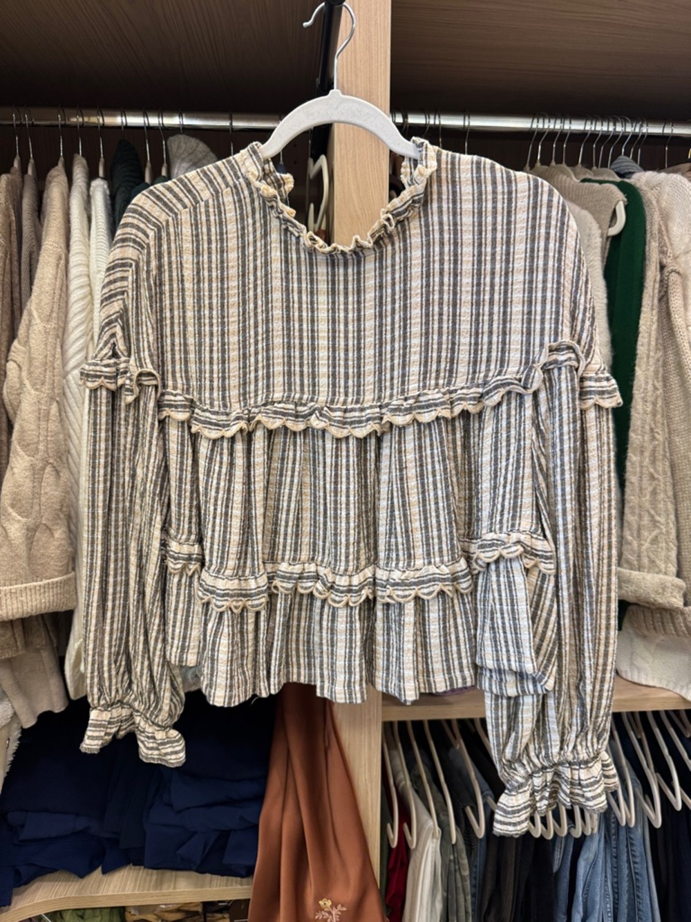 Pilcro Beige and Gray Striped Ruffle Blouse